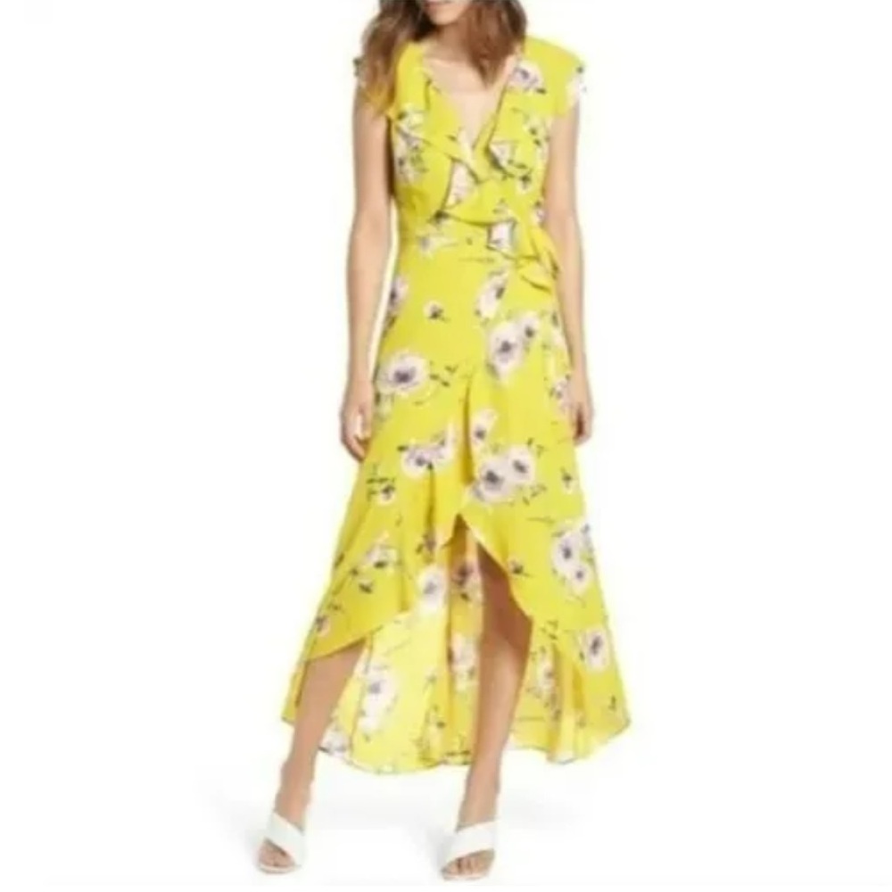 Leith Yellow Floral Wrap high low fairycore whimsical women Dress sz M